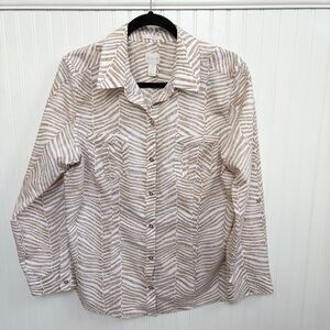 Chico’s White & Beige Zebra Stripe No-Iron Button Up Shirt Women’s Size 12